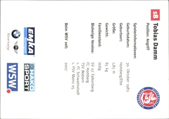 Autograph card footballer Tobias Damm, Wuppertaler SV, autograph