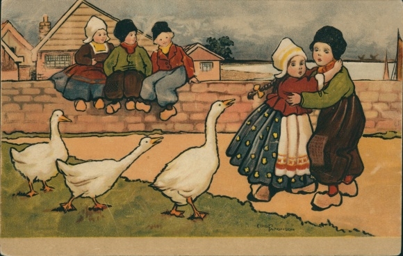 Künstler Ak Parkinson, Ethel, Kinder in niederländischer Tracht, Gänse