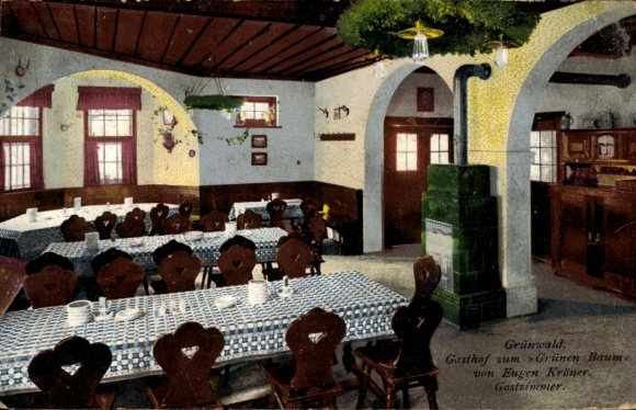 Postcard Grünwald in the district of Munich, Upper Bavaria, Gasthof zum Grünen Baum, owner Eugen Kröner, guest rooms