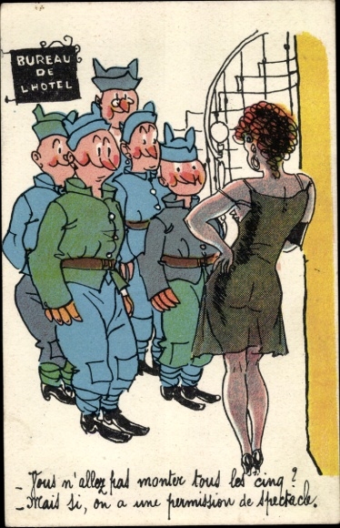Ak Französische Soldaten stehen Schlange bei einer Prositutierten
