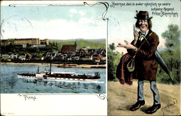 Ak Pirna an der Elbe, Panorama von  Dampfschiff im Vordergrund, Humorvolle Figur