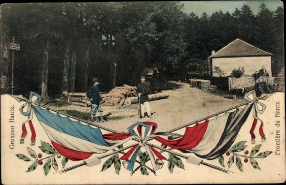 Postcard Col du Hantz Vosges, German French border, flags