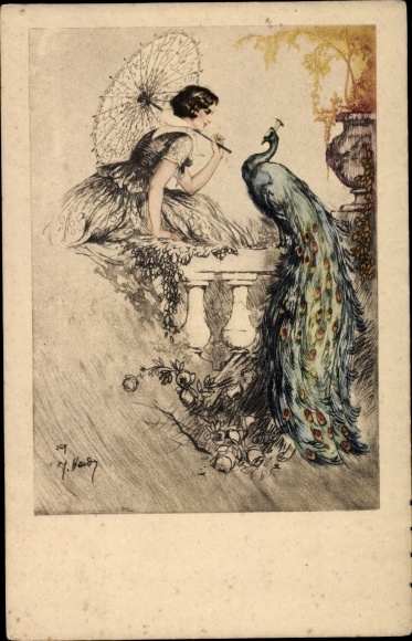 Artist Postcard Woman with umbrella, peacock