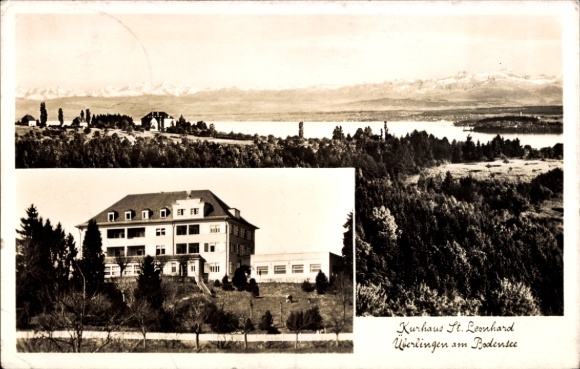 Ak Überlingen am Bodensee, Kurhaus St. Leonhard,  Bodensee, Landschaft mit Bäumen
