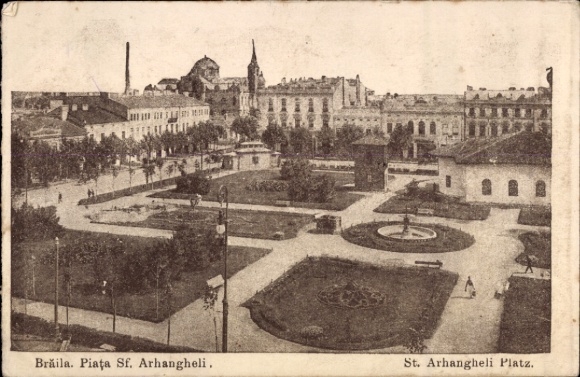 Postcard Brăila Romania, St. Arhangheli Square, gardens, trees, buildings in the background