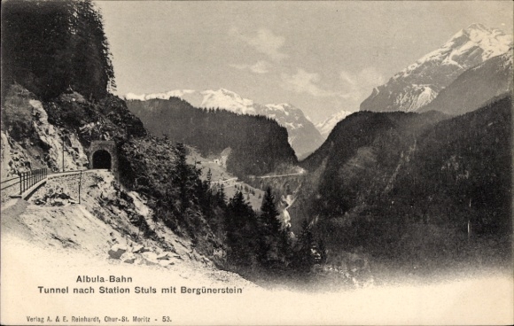 Postcard Albula Alvra Graubünden, Albula Railway, tunnel to Stuls station with Bergünerstein