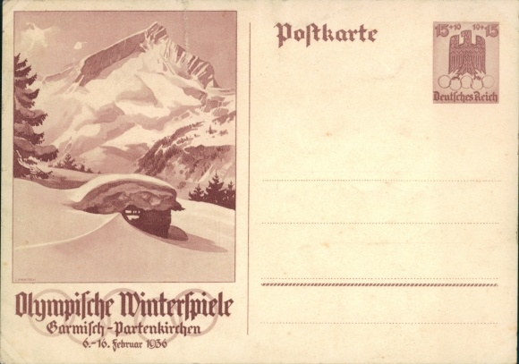 Postwaardekaart Garmisch Partenkirchen in Opper-Beieren, Olympische Winterspelen 1936