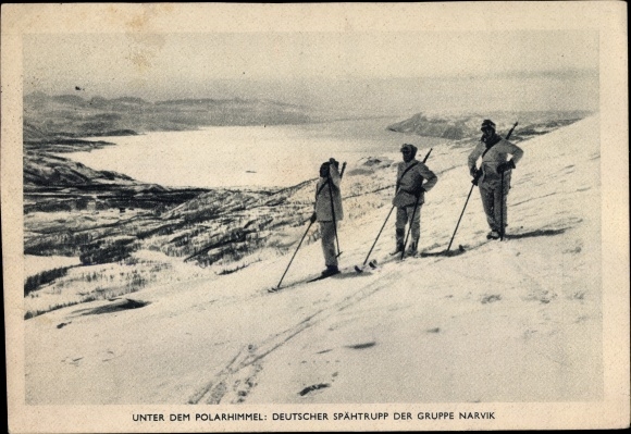 Postcard Unter dem Polarhimmel, German reconnaissance troop of the Narvik group, Wehrmacht