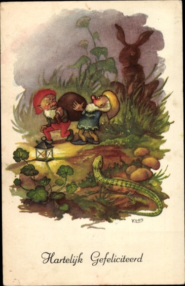 Artist Postcard Koen, Congratulations, Hartelijk Gefeliciteerd, Gnomes, Hand Lantern, Lizard