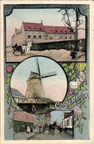 Postcard Cortemarck Kortemark West Flanders, partial views, windmill
