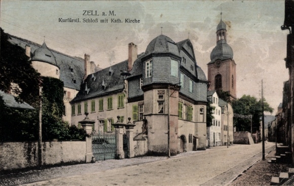 Postcard Zell am Main Lower Franconia, castle, Catholic church