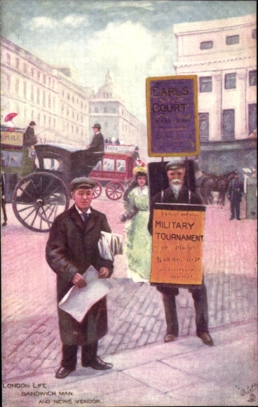 Artist Postcard London England, Sandwich Man and News Vendor