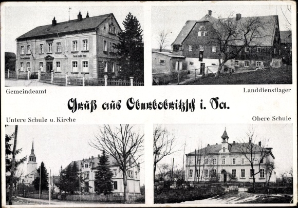 Ak Oberbobritzsch Bobritzsch Hilbersdorf im Erzgebirge, Gemeindeamt, Landdienstlager, Schule, Kirche