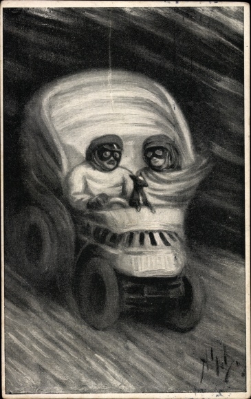 Artist Postcard car ride, metamorphosis, skull, Memento Mori