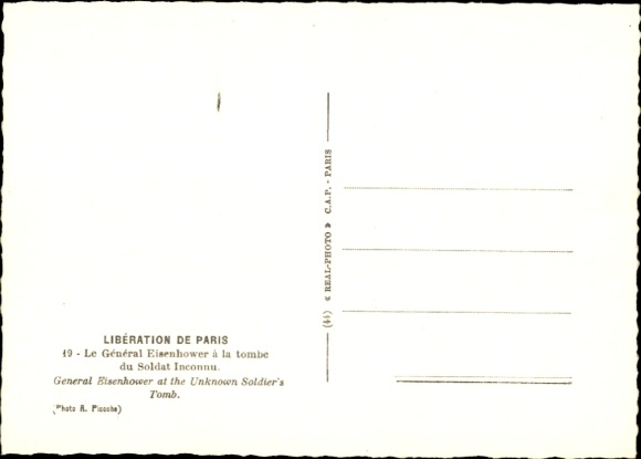 Postcard Liberation of Paris, General Eisenhower at the Tomb of the Unknown Soldier