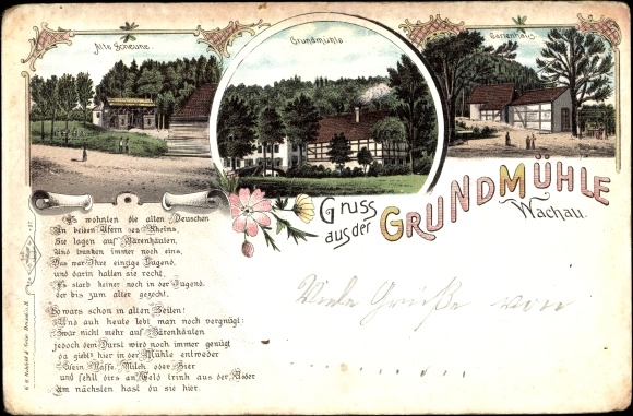 Chromo-Litho Wachau Sachsen, greetings from the ground mill, old barn, garden shed