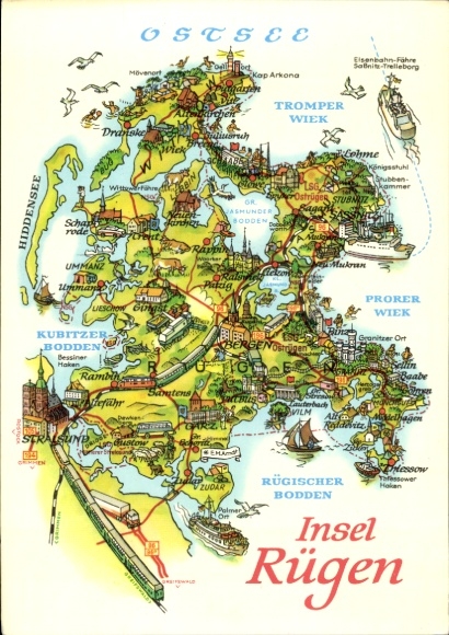 Ak Insel Rügen, Karte von  Ostsee, Insel mit Sehenswürdigkeiten, landschaftliche Darstellungen