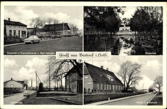 Postcard Besdorf b. Itzehoe Holstein, bakery, school