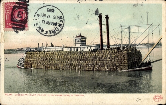 Ak Biloxi Mississippi USA, Schaufelradboot, große Baumwollladung, Mississippi