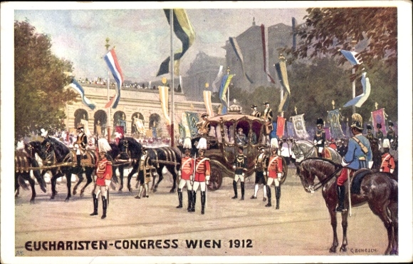 Artist Postcard Benesch, C., Vienna 1. Innere Stadt, Eucharist Congress 1912, Emperor Franz Joseph I.