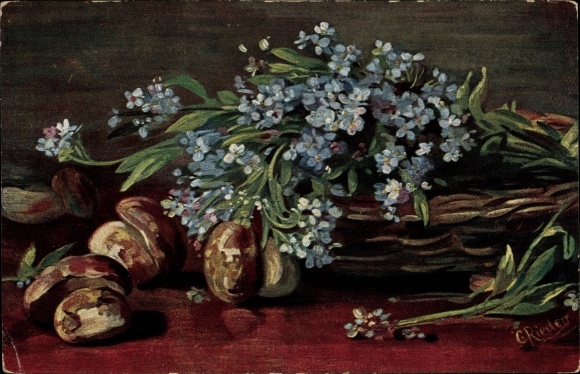 Artist PC Rieders, still life, forget-me-nots, mushrooms