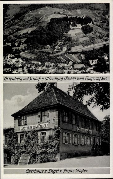Postcard Offenburg in Baden Black Forest, Ortenberg with castle, Gasthaus zum Engel, aerial photograph