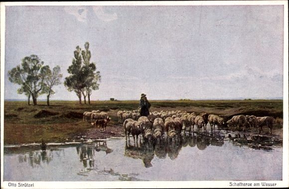 Artist PC Strützel, Otto, flock of sheep by the water, shepherd
