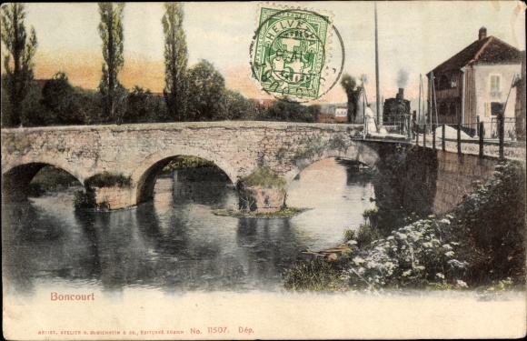 Postcard Boncourt Kt Jura, river section at the station, steam locomotive