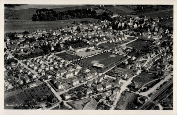 Postcard Aulendorf in Württemberg, aerial photograph of landscaped squares, residential buildings, streets