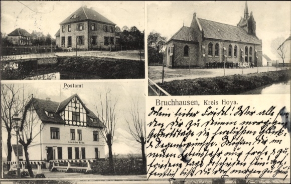 Postcard Bruchhausen Vilsen Lower Saxony, post office, church