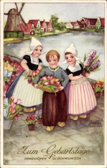 Kunstenaar Ak Petersen, H., Happy Birthday, kinderen in Nederlandse klederdracht, bloemen