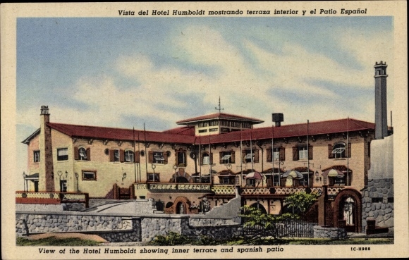 Postcard Playas Ecuador, View of Hotel Humboldt showing interior terrace and the Patio Espanol