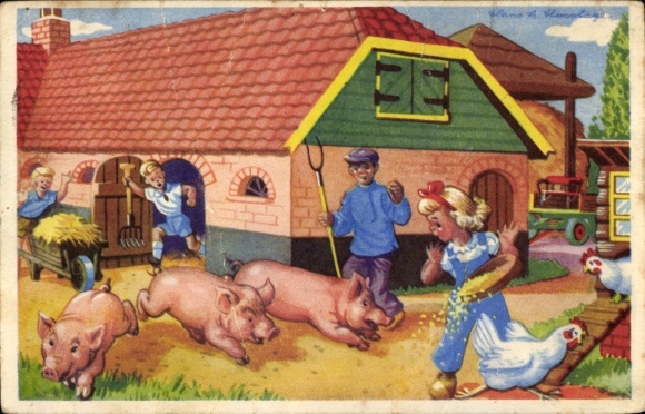 Artist Postcard Farm, Pigs, Chickens