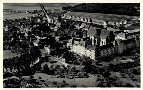 Postcard Wiblingen Ulm on the Danube Baden, aerial view of castle, village, airplane view