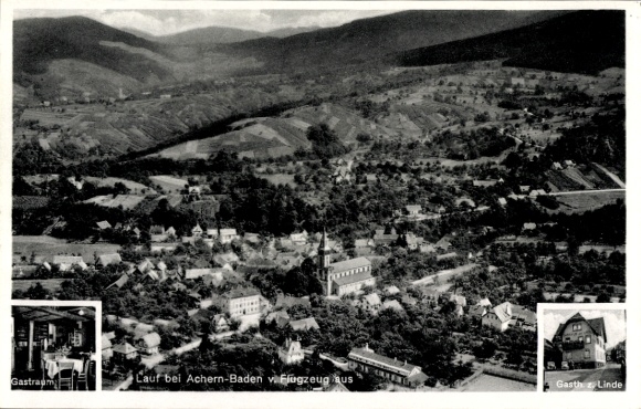 Postcard Achern in the Ortenau district of Baden-Württemberg, aerial photograph, Gasthaus zur Linde