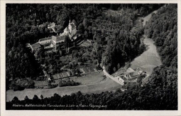 Postcard Mariabuchen Lohr in the Spessart Lower Franconia, monastery and pilgrimage church, aerial photograph