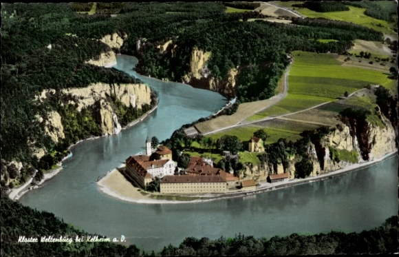 Postcard Kelheim an der Donau Lower Bavaria, aerial photograph of Weltenburg Monastery