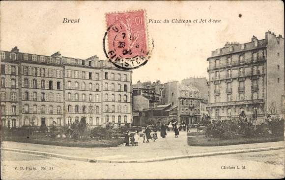 PC Brest Finistère, front view of the square, building, water fountain, postmark