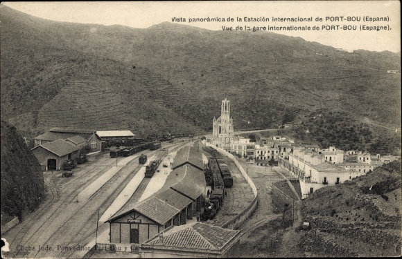 Postcard Portbou Port Bou Catalonia, panoramic view, train station