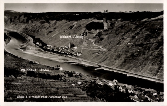 Postcard Ernst on the Moselle, aerial photograph, Weinhaus Andre, wine village Vahvig, aerial photograph
