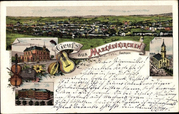 Chromo-Litho Markneukirchen im Vogtland, church, total view, post office, violin, guitar, school