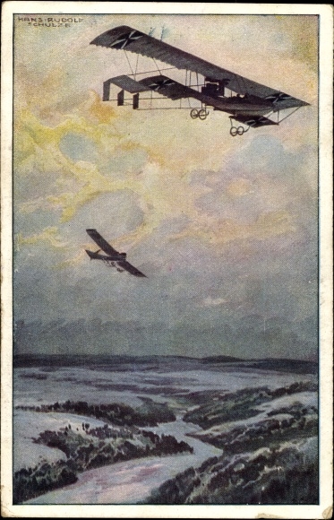 Artist PC Schulze, Hans Rudolf, military biplane on a reconnaissance trip over the Argonne Forest