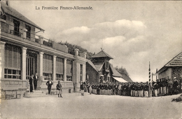 Postcard German French Border, Frontiere Franco Allemande, border guards in uniform, hotel