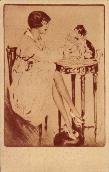 Artist Postcard Brüning, Max, little dog, woman with small dog