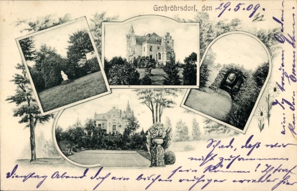 Postcard Großröhrsdorf, castle, tennis court, park with statue