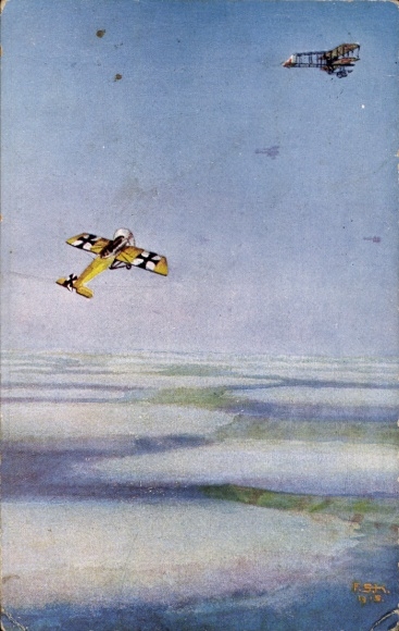 Artist Postcard Schulz-Kühn, F., German aviation maps, Sergeant Böhme, attack, 3 enemy aircraft