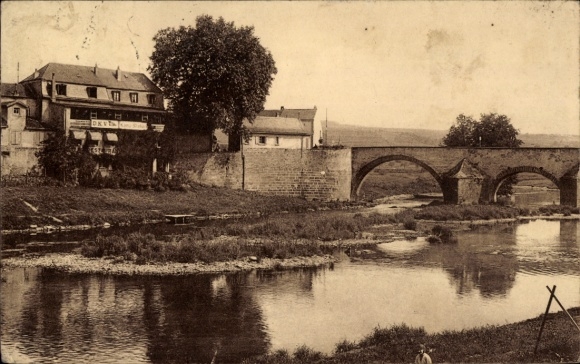 Postcard Echternacherbrück in the Eifel, Hotel Bitburger Hof, bridge
