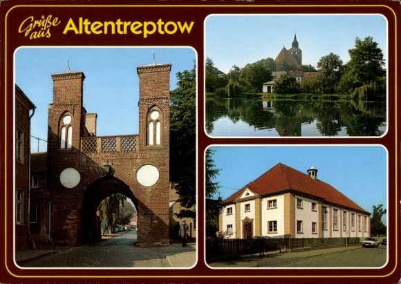 Ak Altentreptow in Mecklenburg, Vorpommern, gedeeltelijk uitzicht, torens, boog