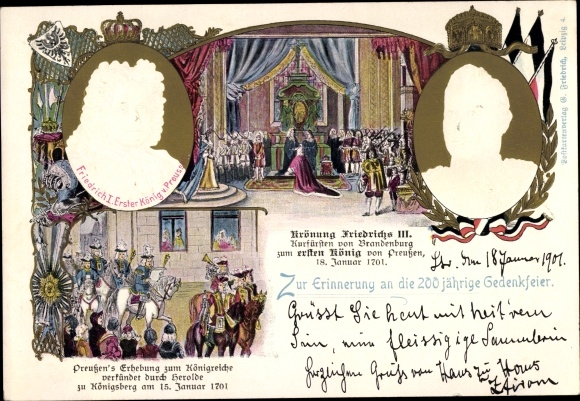 Embossed Chromo-Litho Coronation of Friedrich III, Kaiser Wilhelm II, portrait, Prussia&#39;s rise to the kingdom