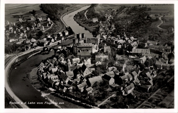 Postcard Runkel an der Lahn, aerial view of Lahn, bridge, houses, river